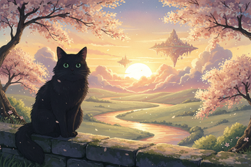 eine schwarze katze die den sonnenuntergang anschaut. im ghibli style